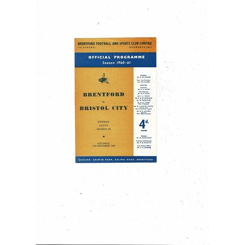 1960/61 Brentford v Bristol City Football Programme