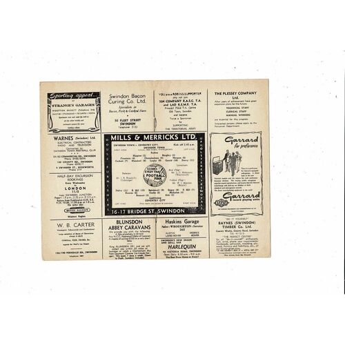 1959/60 Swindon Town v Coventry City Football Programme