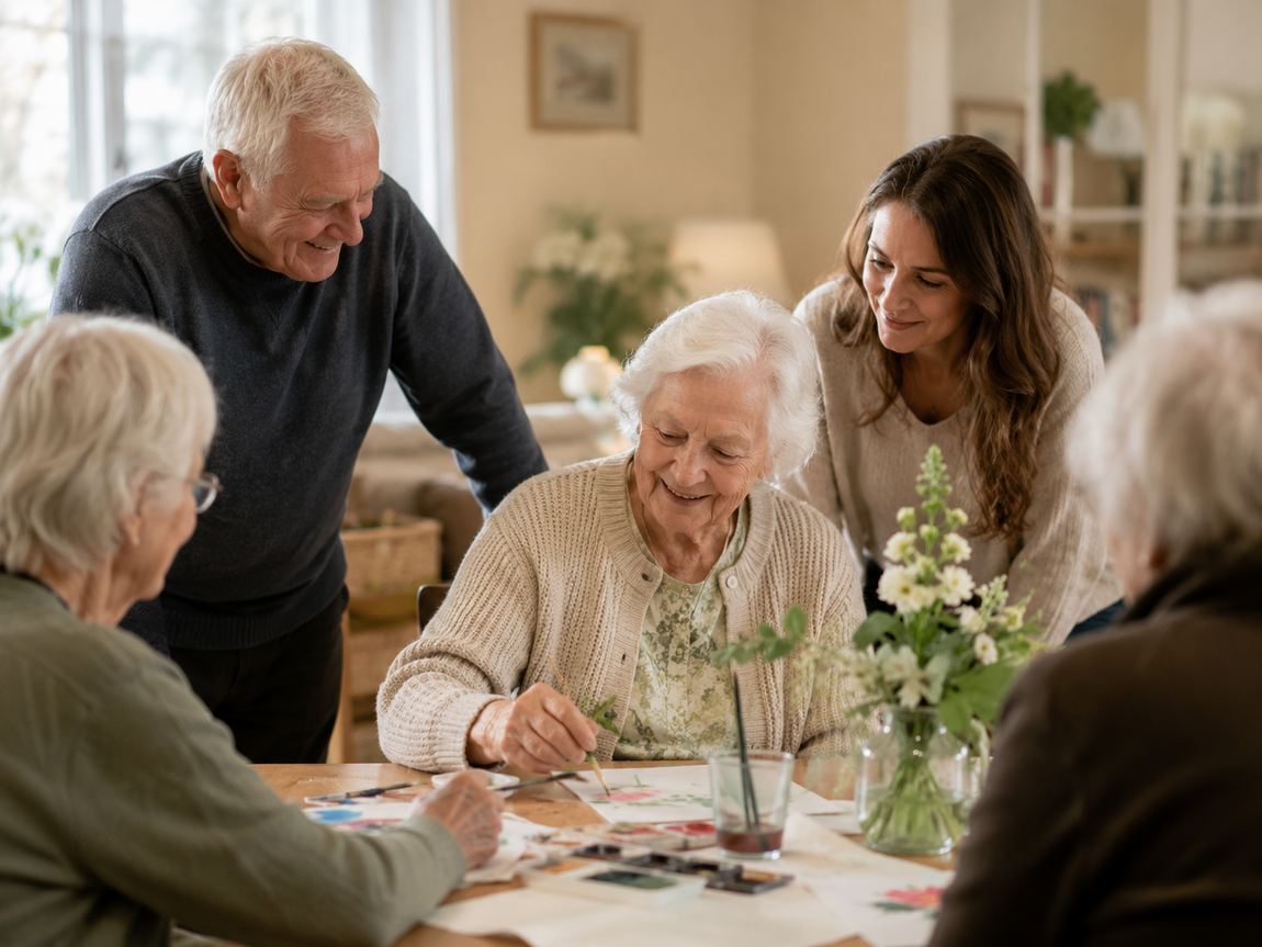 An elderly woman enjoys a gentle painting activity at a small dementia day club, surrounded by warm smiles, friendship and calm support.