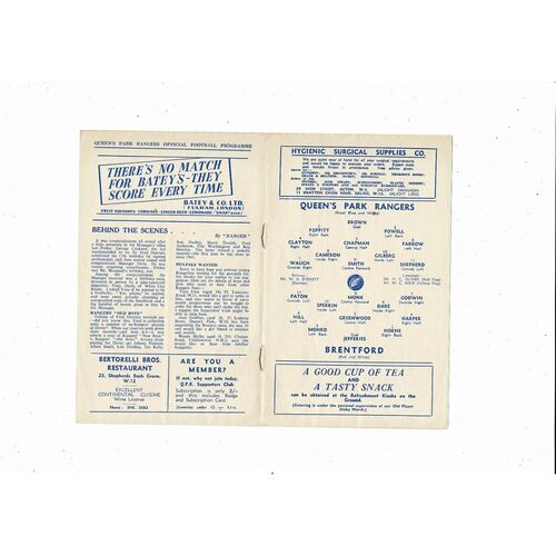1951/52 Queens Park Rangers v Brentford Football Programme