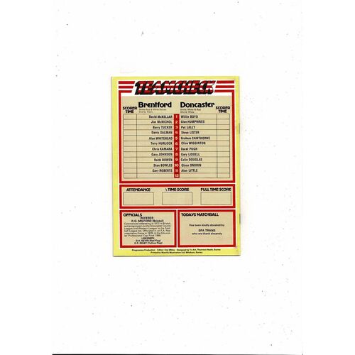 1981/82 Brentford v Doncaster Rovers Football Programme