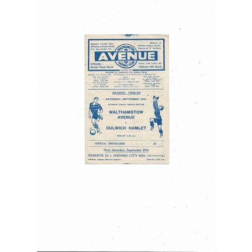 1952/53 Walthamstow Avenue v Dulwich Hamlet Isthmian League Football Programme