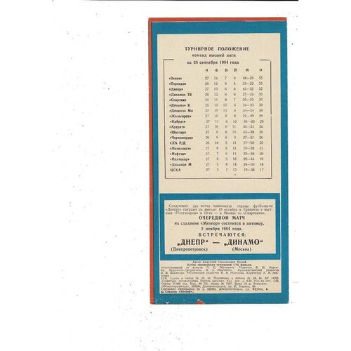 Dnepropetrovsk v Trabsonspor European Cup Football Programme 1984/85