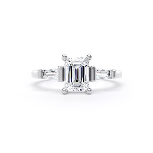 Emerald cut diamond and tapered baguette trilogy ring