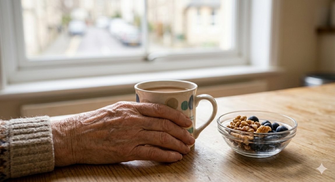 A Bristol-based personal assistant from Your Care, wearing a green sweater, helps an elderly woman in a cardigan prepare vegetables at a kitchen table.