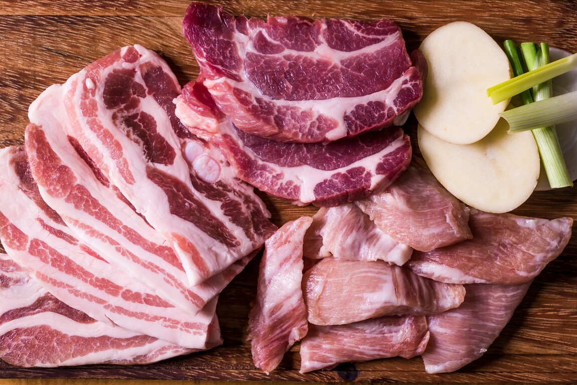 Raw pork belly, collar and shoulder cuts