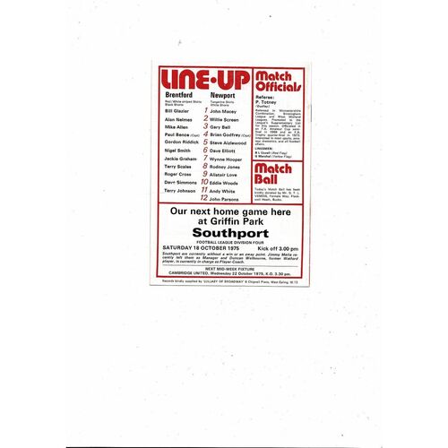 1975/76 Brentford v Newport County Football Programme