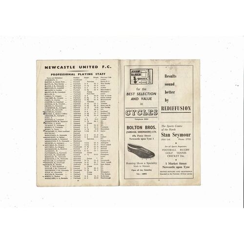 1954/55 Newcastle United v Sunderland Football Programme
