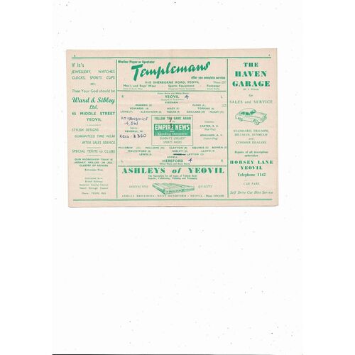 1956/57 Yeovil Town v Hereford Southern League Football Programme