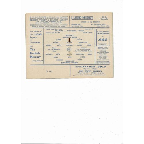 1954/55 Millwall v Southend United Football Programme