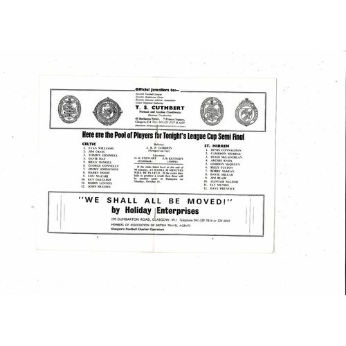 1971/72 Celtic v St Mirren Scottish League Cup Semi Final Football Programme