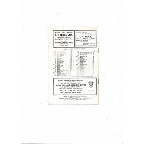 1956/57 Newport County v Swindon Town Football Programme