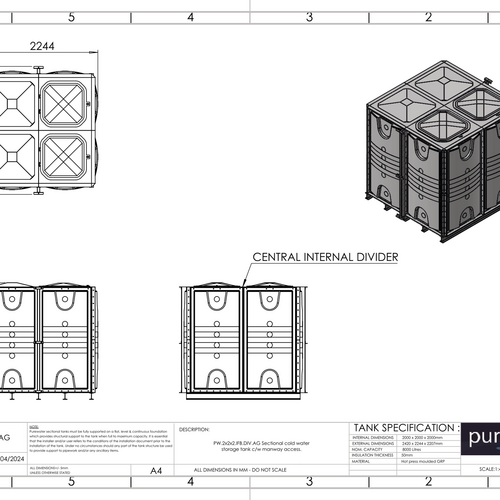 PW.2X2X2.IFB.DIV.AG(1+1) - 8000 LITRE SECTIONAL WATER TANK, INTERNALLY FLANGED BASE (IFB)