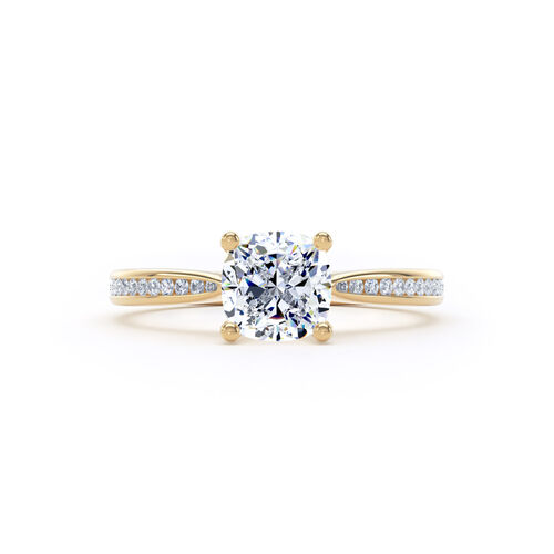 Cushion cut solitaire with diamond set shoulders