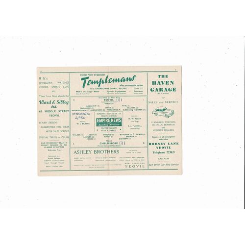 1957/58 Yeovil Town v Chelmsford Southern League Football Programme