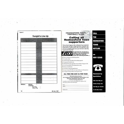 Hednesford Town v Stoke City Reserves Football Programme 1996/97