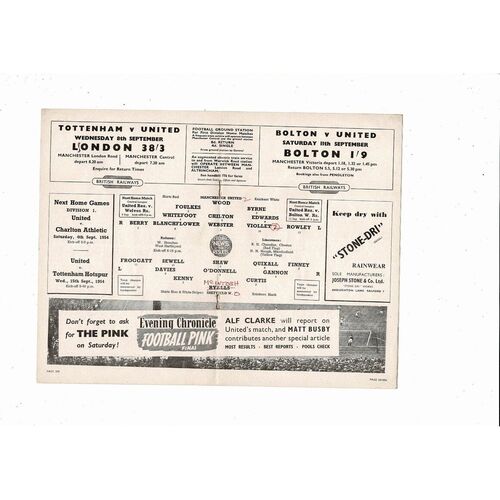 1954/55 Manchester United v Sheffield Wednesday Football Programme