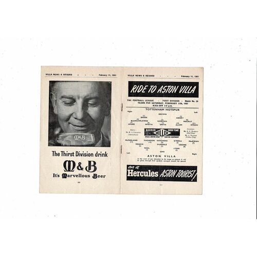 1960/61 Aston Villa v Tottenham Hotspur Football Programme
