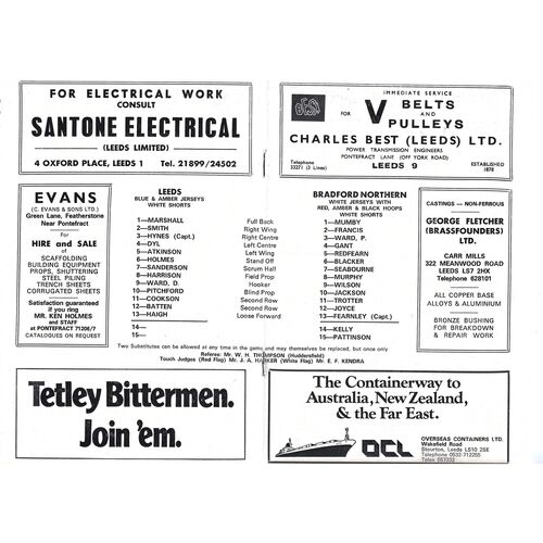 1974/75 Leeds v Bradford Northern (16/02/1975) Rugby League Programme