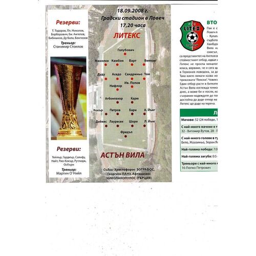 PFC Litex Lovech v Aston Villa UEFA Cup Football Programme 2008/09