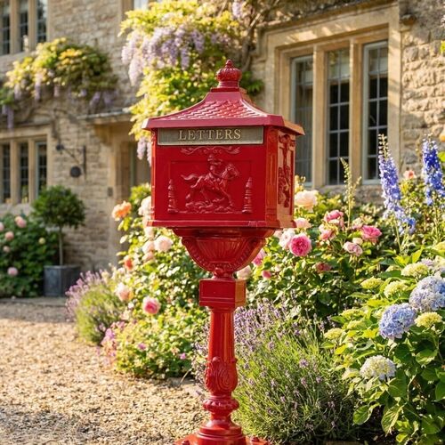 Large red metal postbox.