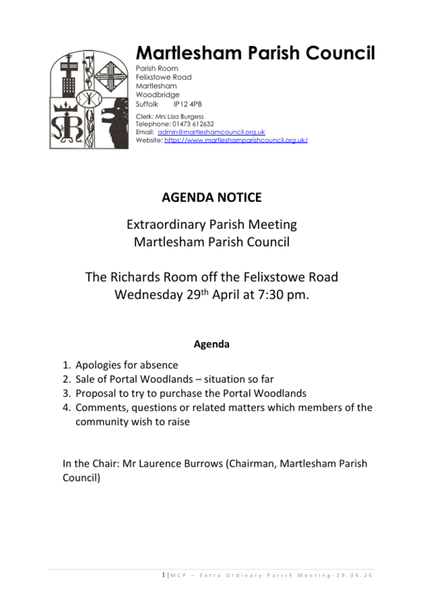 Agenda Notice for Parish Council Extraordinary Meeting