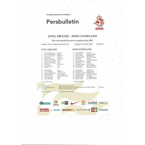 Holland v England European Championship U21 Team Sheet 2001