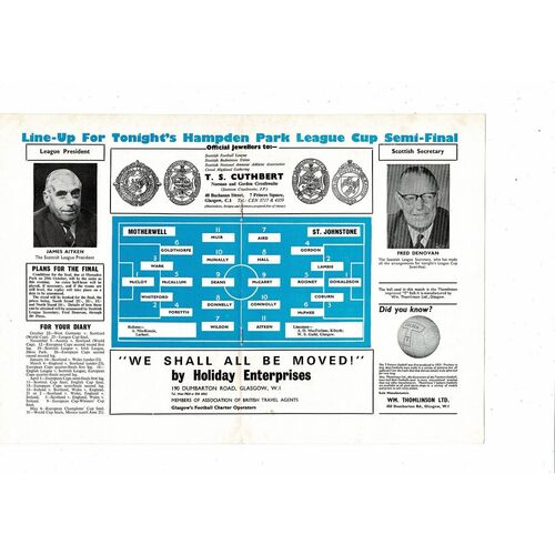 1969/70 St Johnstone v Motherwell Scottish League Cup Semi Final Football Programme