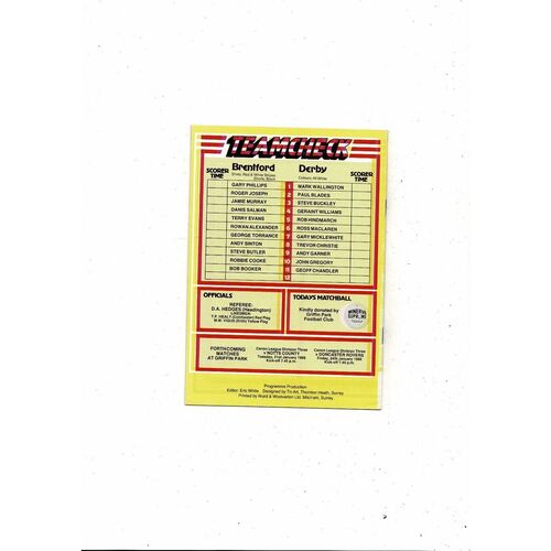 1985/86 Brentford v Derby County Freight Rover Trophy Football Programme