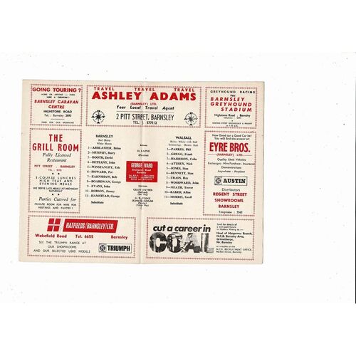 1969/70 Barnsley v Walsall Football Programme