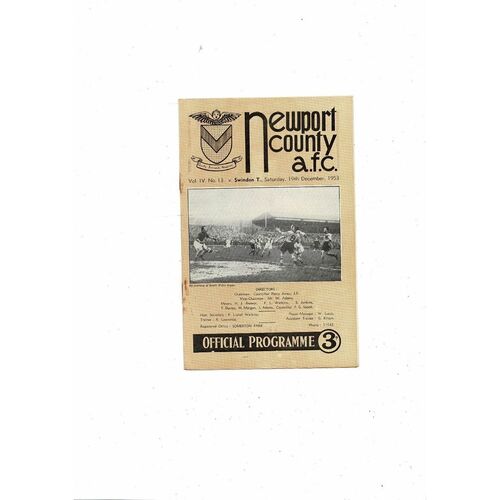 1953/54 Newport County v Swindon Town Football Programme