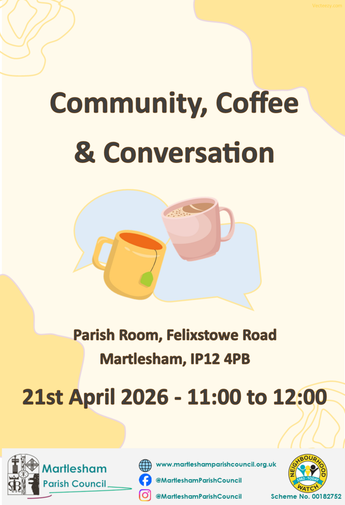 Poster for Community, Coffee and Conversation Community Meeting Martlesham