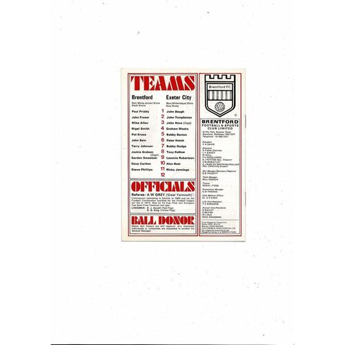 1976/77 Brentford v Exeter City Football Programme
