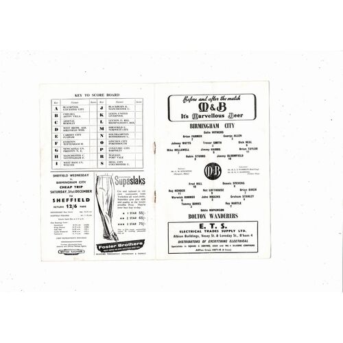 1960/61 Birmingham City v Bolton Wanderers Football Programme