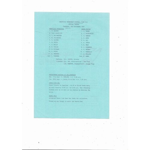 Sheffield Wednesday v Leeds United Central League Football Programme 1983/84