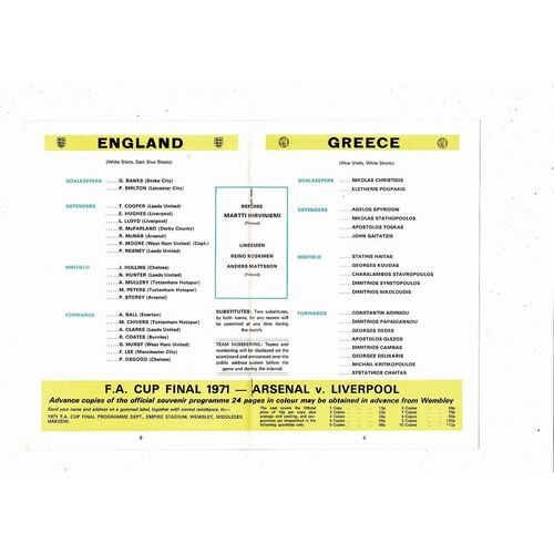 1971 England v Greece Football Programme