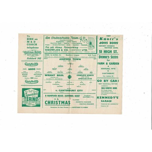 1962/63 Ashford Town v Canterbury City Southern League Football Programme