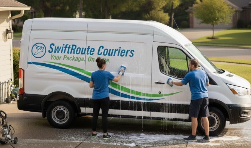 Handwashing white commercial courier van with company branded vinyl graphics.