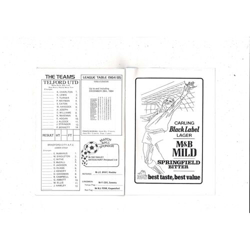 Telford United v Bradford City FA Cup Football Programme 1984/85