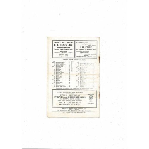 1956/57 Newport County v Colchester United Football Programme