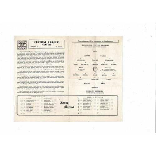 Manchester United v Burnley Central League Football Programme 1962/63