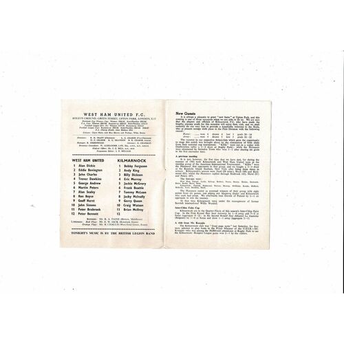 West Ham United v Kilmarnock Friendly Football Programme 1966/67