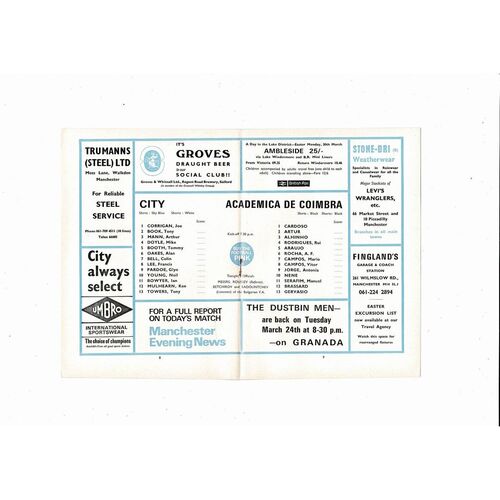Manchester City v Academica European Cup Winners Cup Football Programme 1969/70