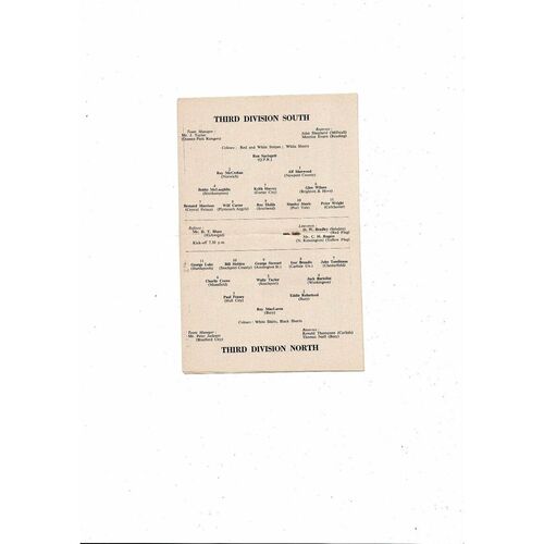 North v South League Div 3 Friendly Football Programme 1957/58 @ Crystal Palace