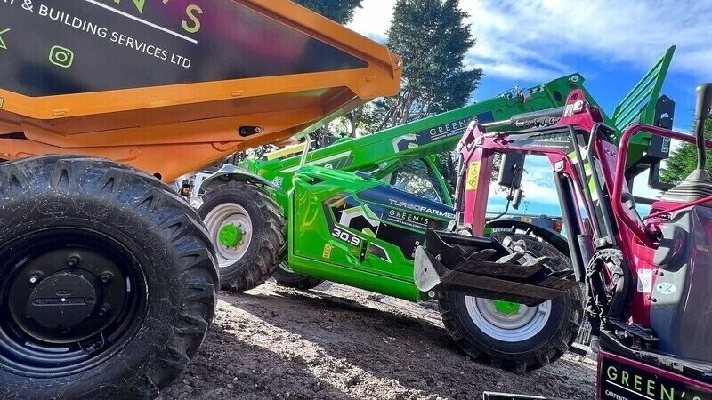 Fleet of various plant machinery models with matching branded templated graphics.