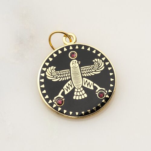 Round Pendant. The Persian Falcon. Black with 3 Red Stone.