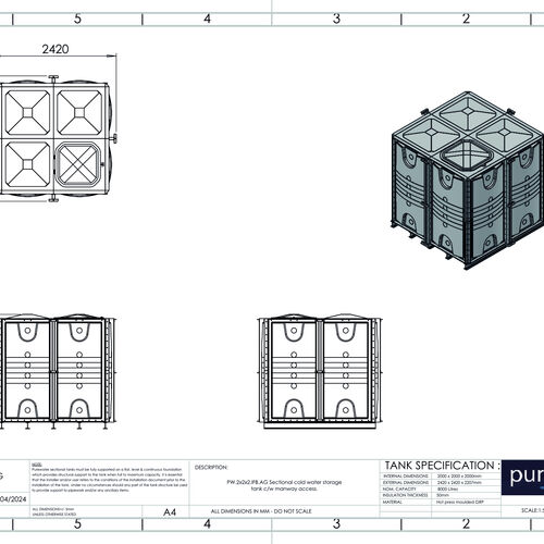 PW.2X2X2.IFB.AG - 8000 LITRE SECTIONAL WATER TANK, INTERNALLY FLANGED BASE (IFB)