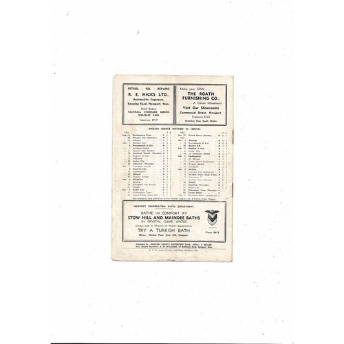 1954/55 Newport County v Shrewsbury Town Football Programme