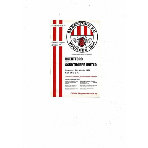 1973/74 Brentford v Scunthorpe United Football Programme
