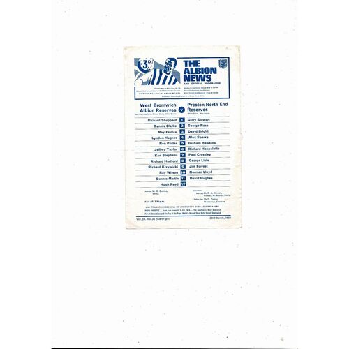 West Bromwich Albion v Preston Central League Football Programme 1967/68